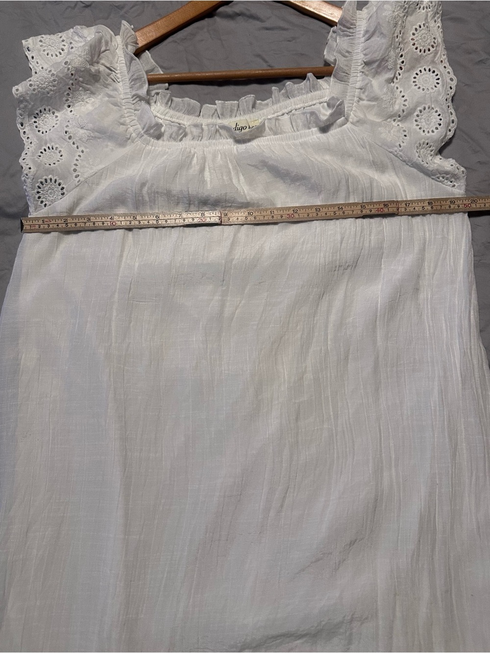 Off-Shoulder White Mini Dress with Eyelet Trim - Picture 7 of 9